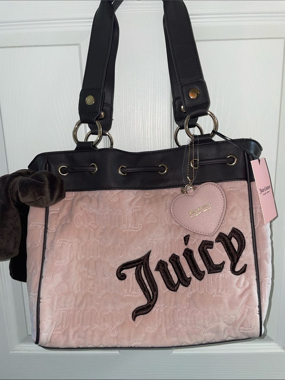 Juicy Couture Pink Velvet Daydreamer tote with Dark Brown Trim and Heart Charm